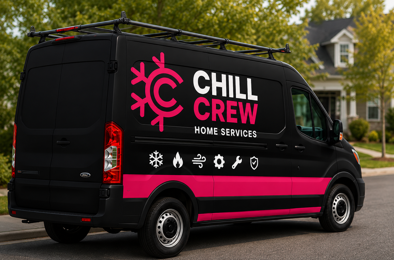 Chill Crew branded black and pink service van parked in a residential neighborhood
